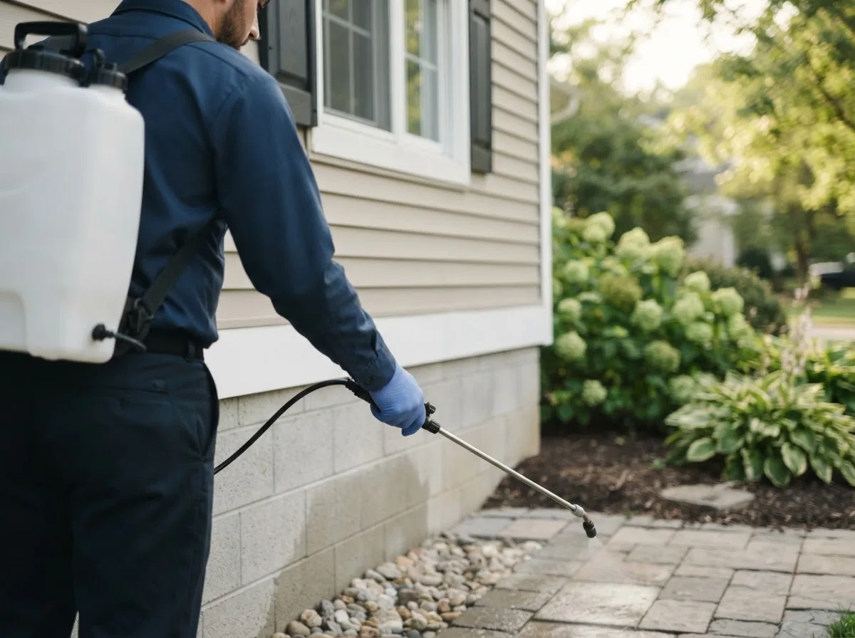 Pest control technician inspecting a home in Newell, WV